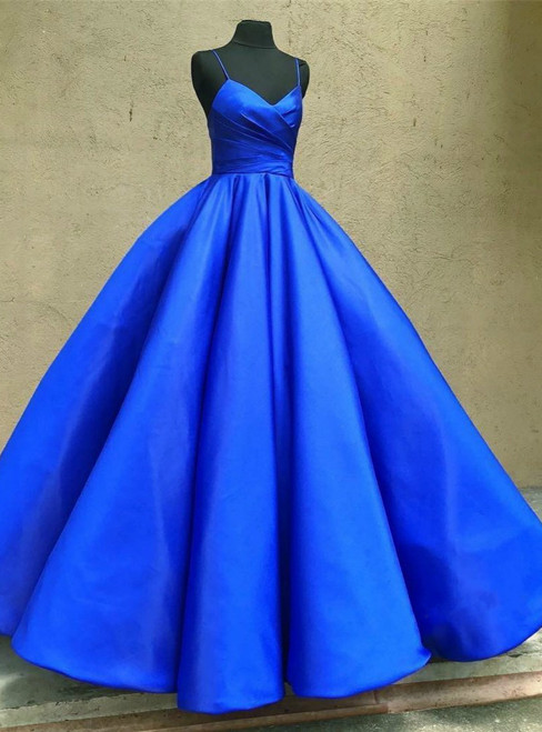 Spaghetti Straps Sweetheart Royal Blue Satin Prom Dresses Ball Gowns