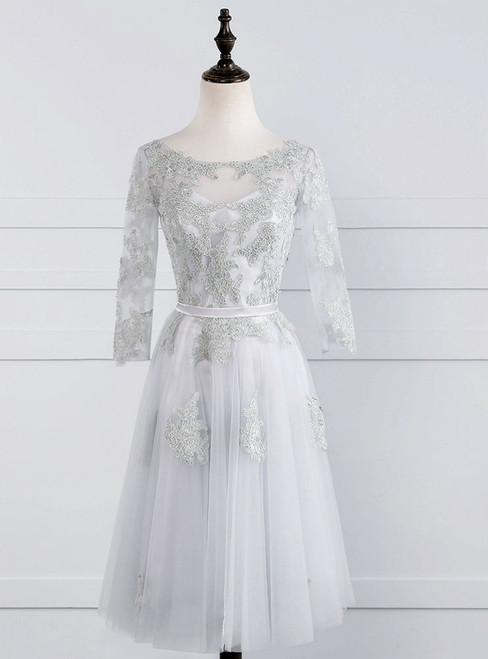 Gray Tulle Appliques Short Sleeve Prom Dress