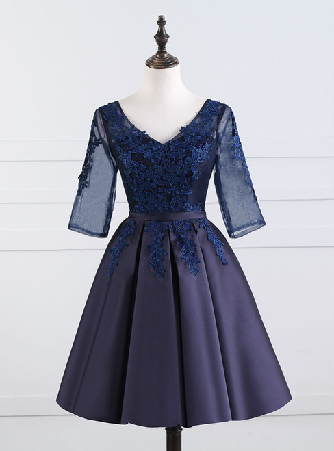 Navy Blue Satin V-neck Short Sleeve Homecoming Dress