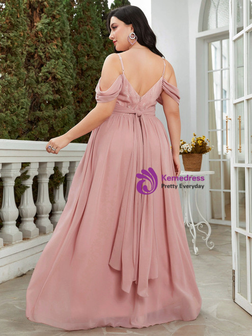 Spaghetti Strap Chiffon Dress with Lace Top Blushing Pink Plus Size