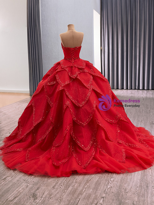 Red Strapless Ball Gown Satin Prom Dresses LBQ1593