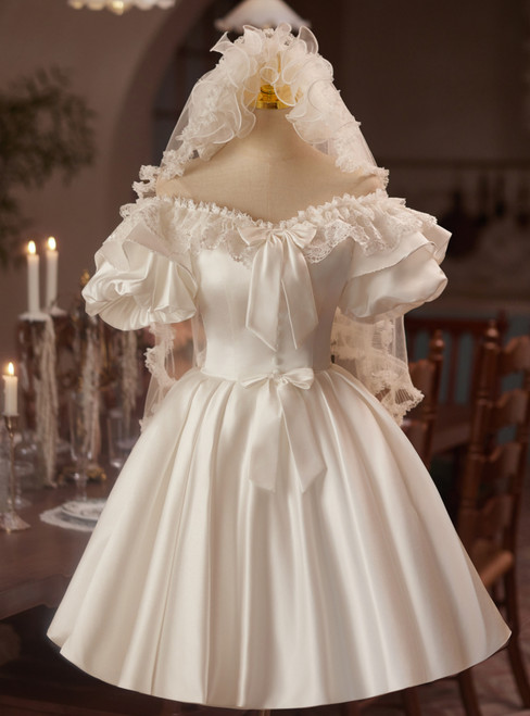 White satin puff sleeve off the shoulder short homecoming dress with lace bow
