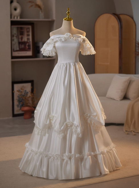 White Satin Off the Shoulder Puff Sleeve Wedding Dress