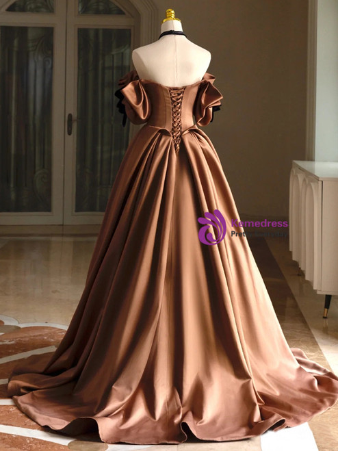 Brown Satin Off Shoulder A-line Prom Dress, Brown Satin Evening Dress Formal Dress main image 1