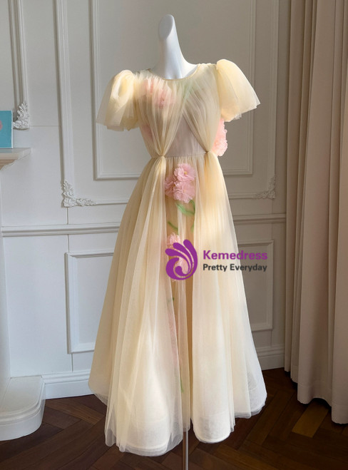 Plus Size Champagne 3D Flowers Tulle Slit Prom Dress main image 1