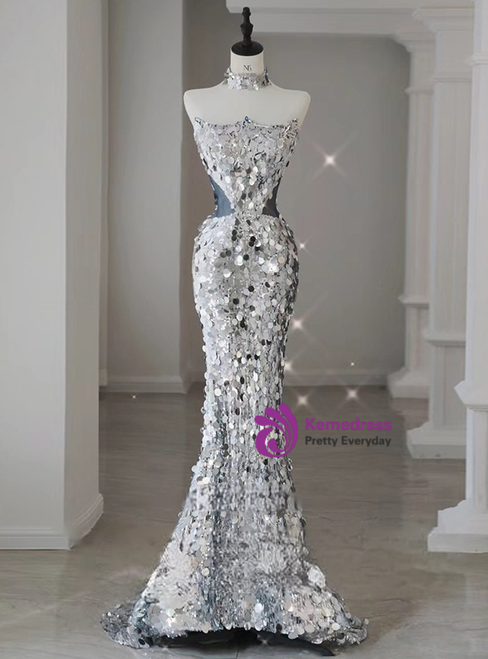 Shiny Sleeveless Yellow Tulle Sequin Beaded Mermaid Evening Dress Prom Dress SP725