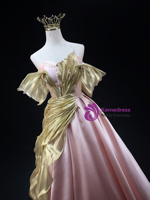 Pink Pleated Prom Dresses, Pearls Prom Dresses,  Satin Evening Dresses, Arabic Prom Dresses Y560