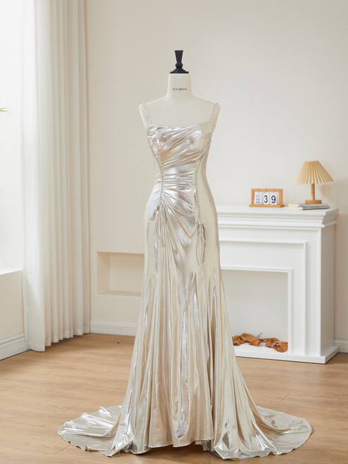 Champagne Gold Mermaid Spaghetti Straps Pleats Prom Dress