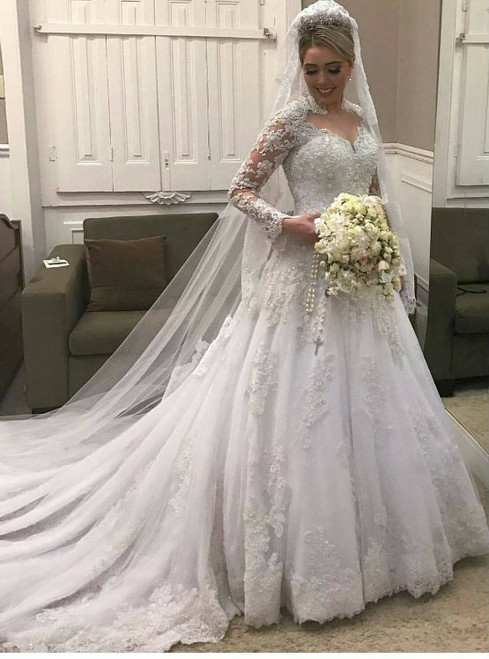 High Neck Lace Long Sleeves Wedding Dress ,Illusion Back Bridal Gown with Train