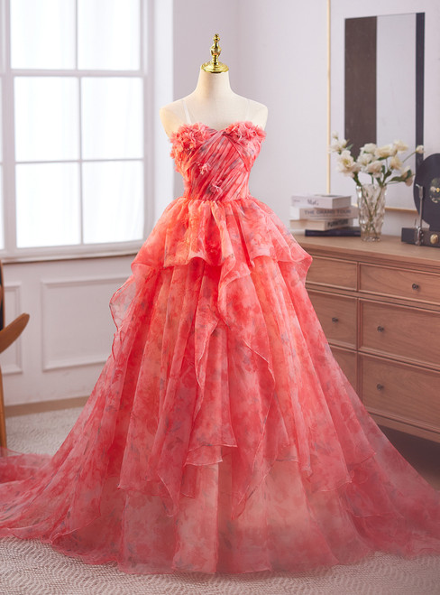 Red Print Strapless Pleats Prom Dress