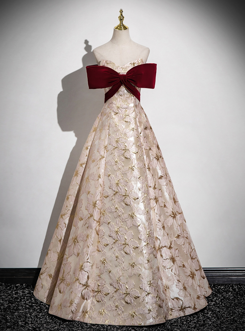 Champagne Print Bugundy Velvet Prom Dress
