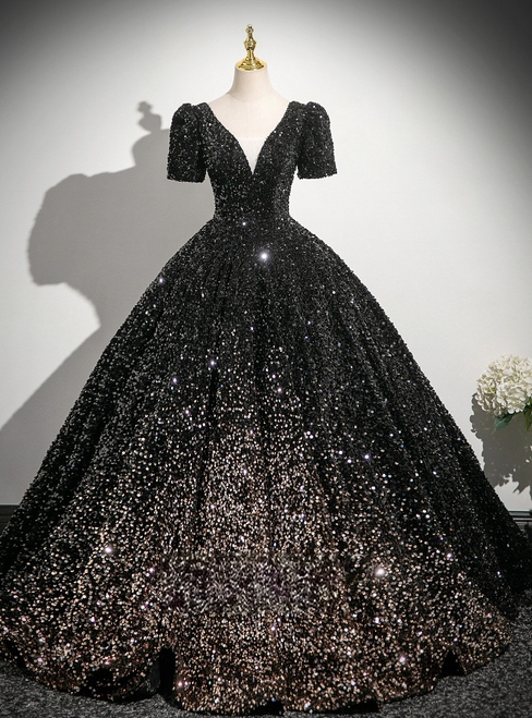 Black Ball Gown Sequins V-neck Short Sleeve Quinceanera Dress Black Ball Gown Sequins V-neck Short Sleeve Quinceanera Dress