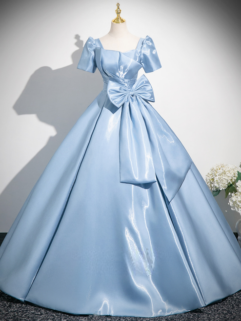 Blue Short Sleeve Pleats Bow Quinceanera Dress