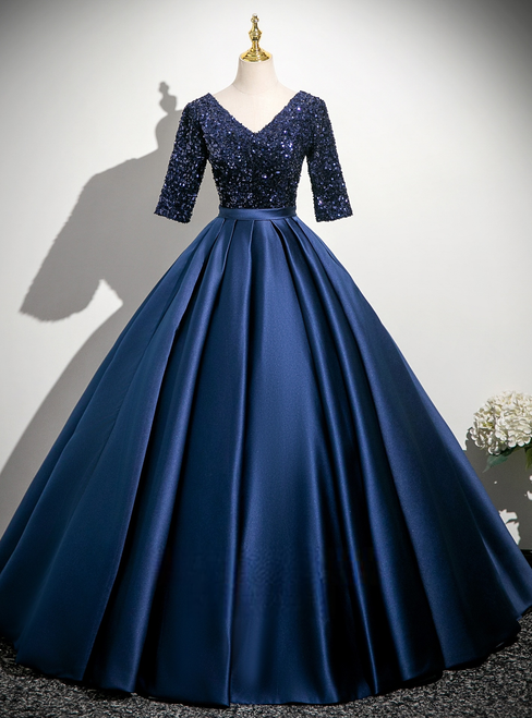 Navy Blue Sequins Satin Short Sleeve Quinceanera Dress