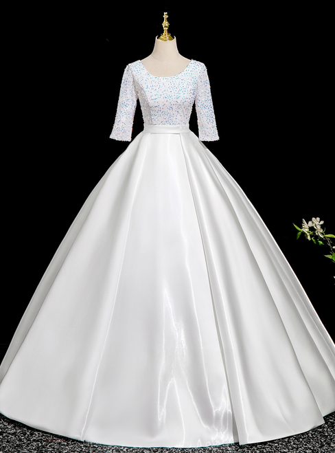 White Satin Sequins Short Sleeve Quinceanera Dress