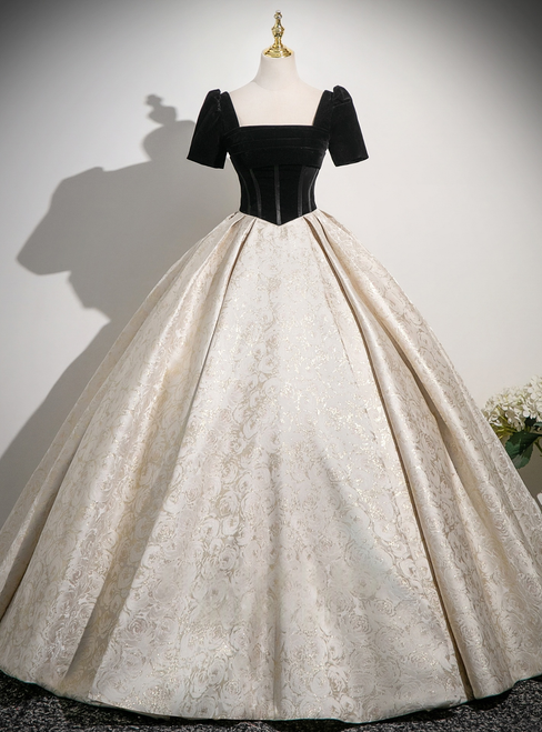 Champagne Print Black Velvet Short Sleeve Quinceanera Dress