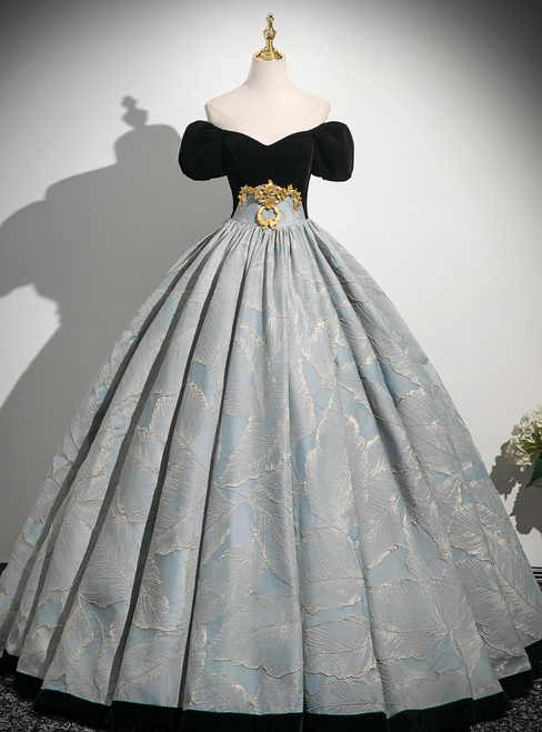 Green Lace Black Velvet Puff Sleeve Quinceanera Dress