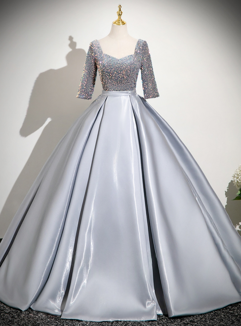 Gray Sequins Satin Short Sleeve Quinceanera Dress