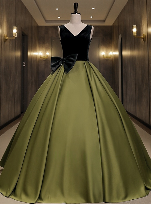 Green Satin Black Velvet V-neck Quinceanera Dress