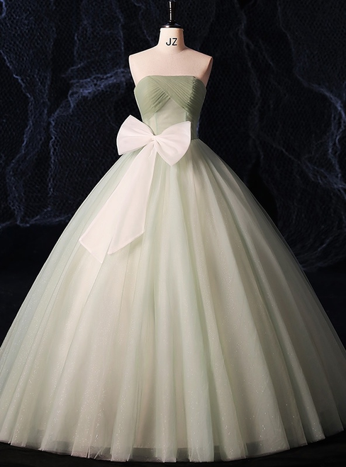 Green Tulle Strapless Pleats Bow Quinceanera Dress