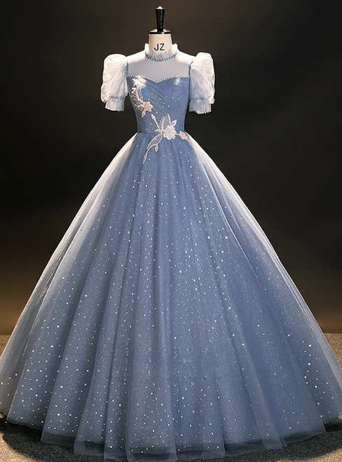 Blue Tulle Sequins Backless Puff Sleeve Quinceanera Dress