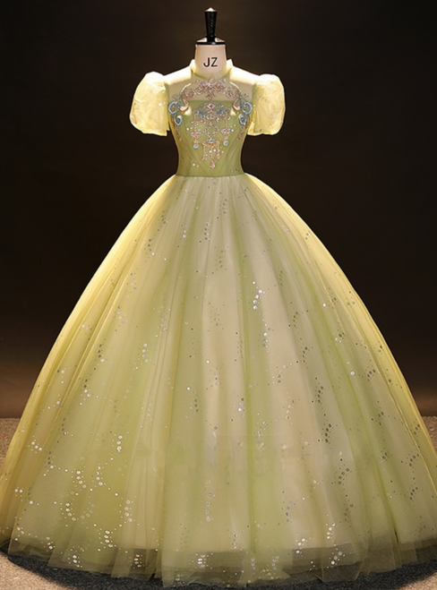 Green Tulle Sequins Puff Sleeve Quinceanera Dress
