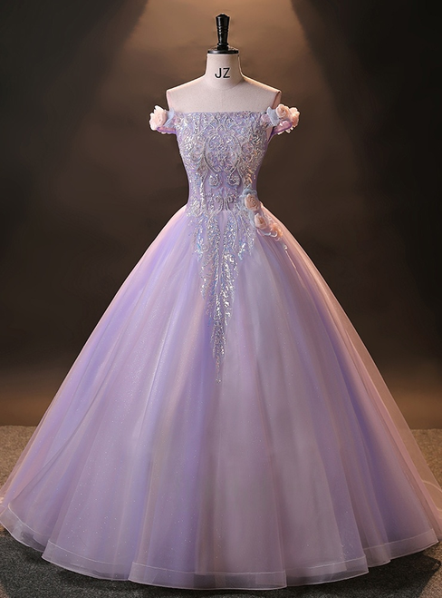 Purple Tulle Sequins 3D Flower Quinceanera Dress
