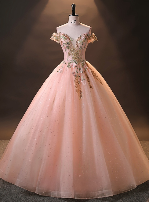 Pink Tulle Sequins Off the Shoulder Princess Quinceanera Dress