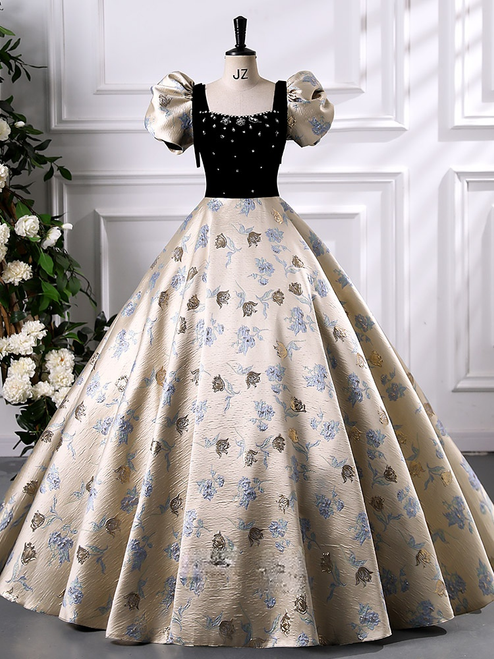 Champagne Print Puff Sleeve Beading Quinceanera Dress