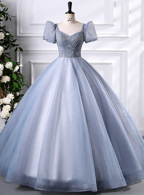 Blue Square Neck Tulle Puff Sleeve Beading Quinceanera Dress