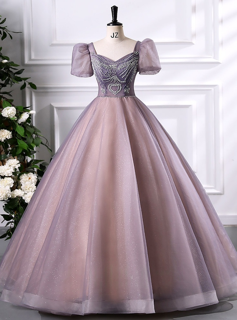 Purple Square Neck Puff Sleeve Beading Quinceanera Dress