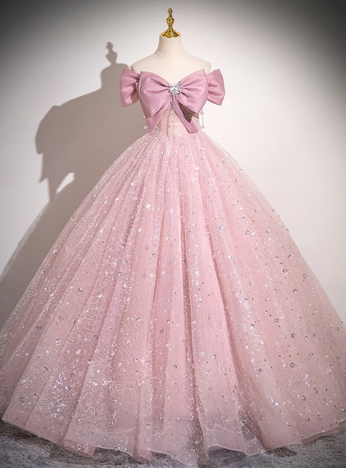 Pink Sequins Bow Pleats Quinceanera Dress