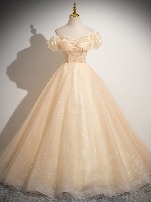 Champagne Tulle Beading Off the Shoulder Quinceanera Dress