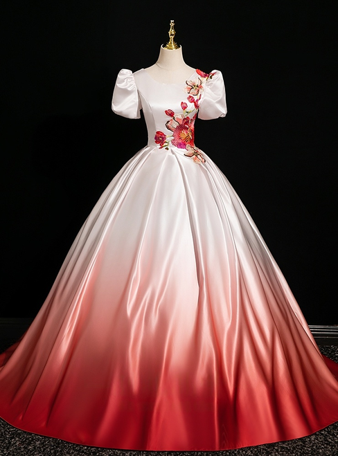 Gradual Red Satin Puff Sleeve Appliques Quinceanera Dress