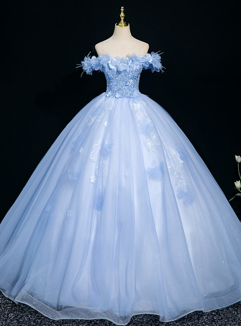 Blue Tulle Off the Shoulder 3D Flower Quinceanera Dress