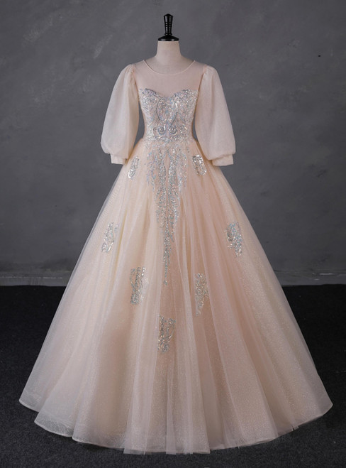 Champagne Tulle Puff Sleeve Sequins Quinceanera Dress