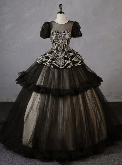 Black Tulle Lace Appliques Puff Sleeve Quinceanera Dress