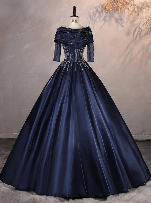 Navy Blue Satin Short Sleeve Pleats Beading Quinceanera Dress