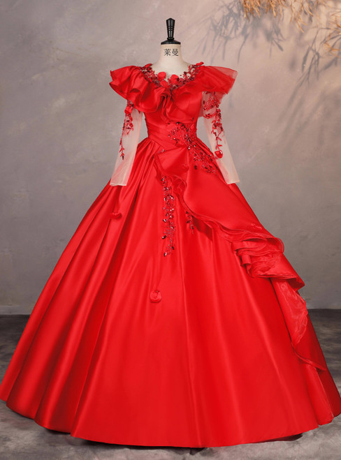 Red Satin Long Sleeve Sequins Quinceanera Dress Red Satin Long Sleeve Sequins Quinceanera Dress