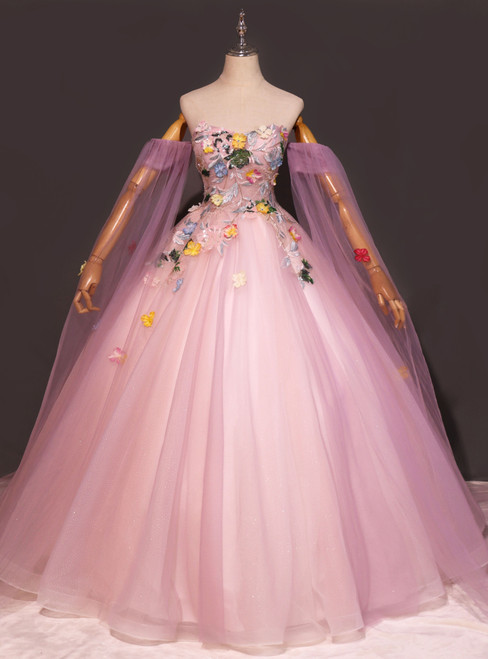 Pink Ball Gown Tulle Strapless 3D Appliques Quinceanera Dress
