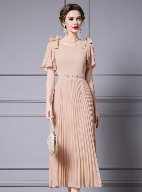 Champagne Chiffon Pleats Beading Mother Of The Bride Dress