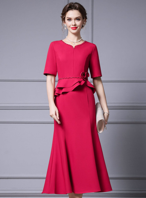 Simple Short Sleeve Beading Pearls Mother Of The Bride Dress