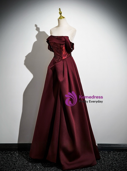 Off the Shoulder Burgundy Satin Prom Dresses with Pockets LBQ2151