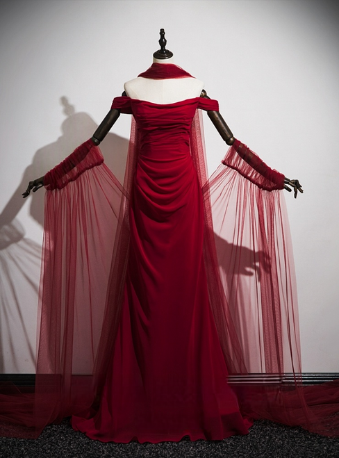Unique Burgundy Tulle Off the Shoulder Pleats Prom Dress