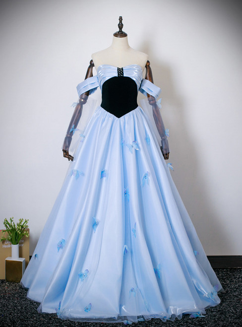 Blue Strapless Pleats Butterfly Prom Dress