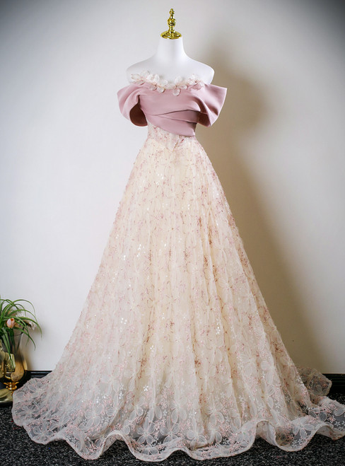 A-Line Champagne Lace Off the Shoulder Prom Dress