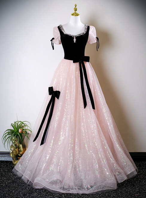 Pink Tulle Sequins Puff Sleeve Bow Beading Prom Dress