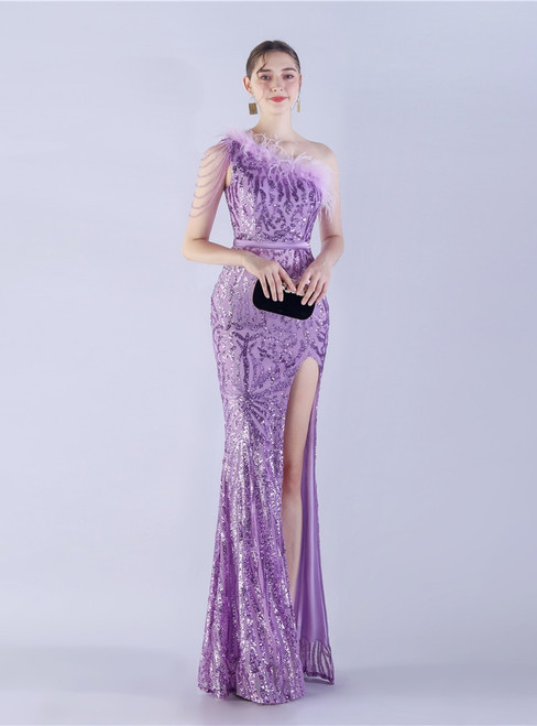 In Stock:Ship in 48 Hours Purple Sequins One Shoulder Beading Prom Dress