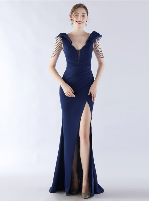 In Stock:Ship in 48 Hours Navy Blue V-neck Pleats Beading Prom Dress