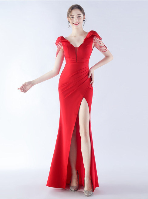 In Stock:Ship in 48 Hours Red V-neck Pleats Beading Prom Dress